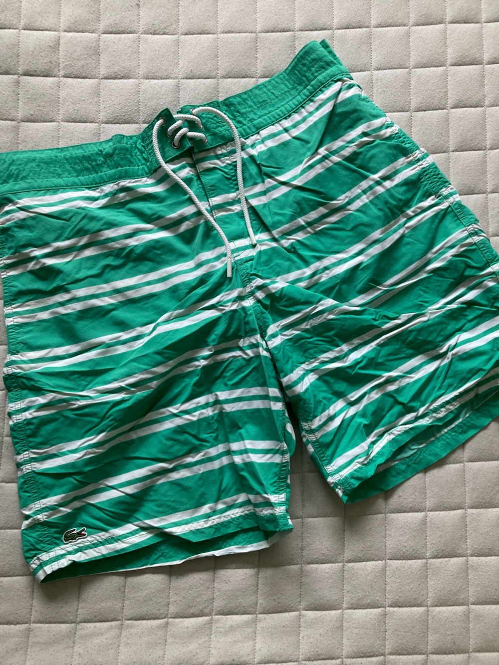 Lacoste Green and White Striped Men’s Drawstring Swim Shorts